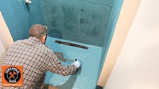 Build Curbless Walk In Shower on Concrete Floor Part 4 Waterproofing [upl. by Emmey]