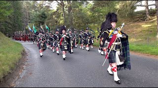 Continued march of the Lonach Highlanders through Strathdon in Scotland for 2018 Lonach Gathering [upl. by Silvers]