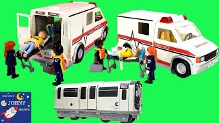 Johny Plays With Playmobil Ambulance Truck Toy amp Subway Train Ambulance For Kids [upl. by Notsahc]