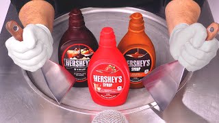 ASMR  HERSHEYS Syrup  how to make Sundae Sauce to Ice Cream Rolls  Chocolate Caramel Strawberry [upl. by Aymik933]