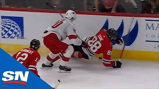 Patrick Kane And Jonathan Toews Go After Sebastian Aho For Hit From Behind At Conclusion Of Game [upl. by Koetke]