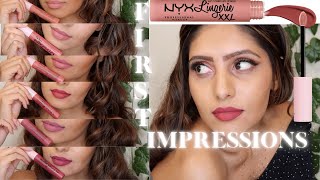 NEW NYX LIP LINGERIE XXL MATTE LIQUID LIPSTICK SWATCHES  MEDIUMBROWNOLIVE SKIN ❤ [upl. by Hyacinth]