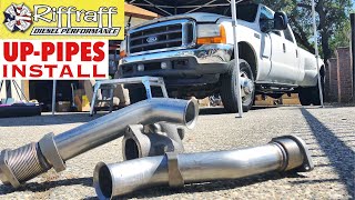 2001 F350 73  RiffRaff UpPipes Install  Stock up pipes leaking and falling apart JUNK SP [upl. by Eek731]