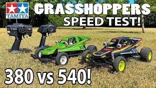 Tamiya Grasshopper Ltd Editions SPEED TEST 380 vs 540 Motor  NiMH vs LiPo  Green vs Black [upl. by Christabel]