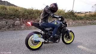 Yamaha MT07  SOUNDCHECK AND FLAMES  SC Project CRT Full Exhaust [upl. by Labinnah]