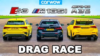 Audi S3 v BMW M135i v AMG A35  DRAG RACE [upl. by Gavrielle]