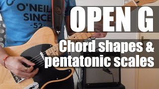 Open G tuning  Chord shapes  Major and minor pentatonic  Afinación sol abierto  Acordes [upl. by Sirrot]