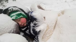 Winter Survival Camping with 4 yr old in Alaska  Primitive Survival Shelter [upl. by Mayda]