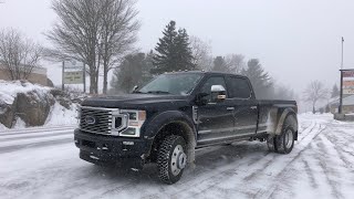 HOW BAD IS A DUALLY ON SNOW ROADS 2021 F450 PLATINUM FIRST DRIVE IN THE SNOW [upl. by Ailasor]